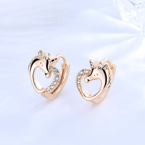 Wholesale Customize Huggie Earrings| Heart Shaped Little Cute Unicorn Huggie Earring| 18k Gold Plated Ear Huggies Hoops AAA Cubic Zirconia
