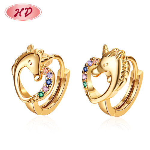 Wholesale Customize Huggie Earrings| Heart Shaped Little Cute Unicorn Huggie Earring| 18k Gold Plated Ear Huggies Hoops AAA Cubic Zirconia