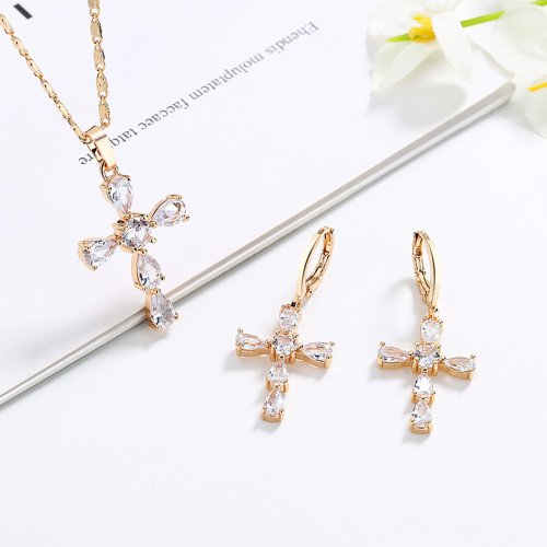 Hd Fashion Jewelry Supplier | 18K Gold Plated Color Aaa Cubic Zirconia | Cross Women'S Jewelry Earrings Necklace Sets