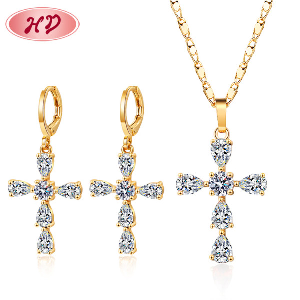 Wholesale Jewelry | Cross Religion Pendant & Drop Earrings Sets| 18k Gold Plated AAA Cubic Zirconia Brass Jewellery in bulk
