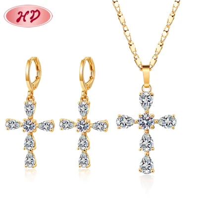 Wholesale Jewelry | Cross Religion Pendant & Drop Earrings Sets| 18k Gold Plated AAA Cubic Zirconia Brass Jewellery in bulk
