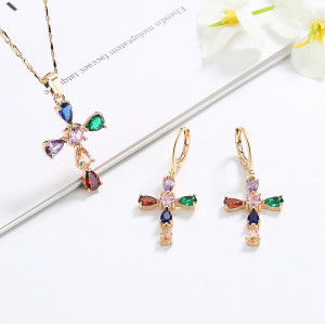 Wholesale Jewelry by the Dozen| Cross Design Religion Christian Catholic Pendant & Drop Earrings Sets| Buy 18k Gold Plated AAA Cubic Zirconia Brass Jewellery for resale in bulk