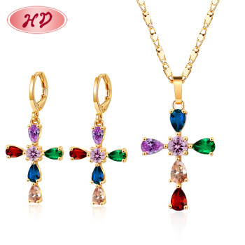 Hd Fashion Jewelry Supplier | 18K Gold Plated Color Aaa Cubic Zirconia | Cross Women'S Jewelry Earrings Necklace Sets