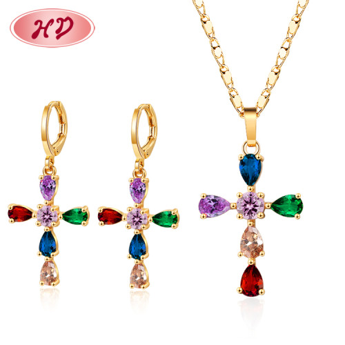 Wholesale Jewelry | Cross Religion Pendant & Drop Earrings Sets| 18k Gold Plated AAA Cubic Zirconia Brass Jewellery in bulk