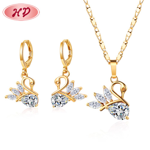 Tops New Collection| Swan 18kgp Gold CZ Pendant Necklace & Drop Earrings 3pcs Jewelry Sets for Women| Hengdian Jewelry Wholesale