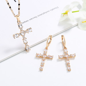 Factory Direct Wholesale Jewelry| Christian Catholic Religious Prayer Gold Cross Necklace and Drop Earring Set| 18k Gold Post AAA CZ Jewelry Sets for Women