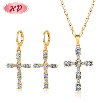 Factory Direct Wholesale Jewelry| Christian Catholic Religious Prayer Gold Cross Necklace and Drop Earring Set| 18k Gold Post AAA CZ Jewelry Sets for Women