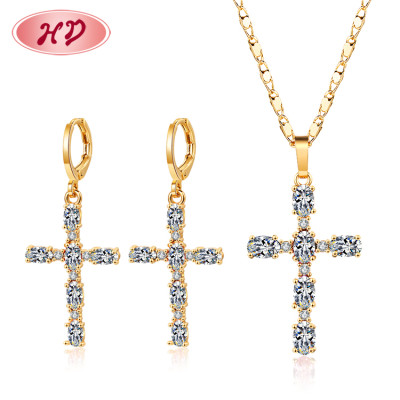 Factory Direct Wholesale Jewelry| Christian Catholic Religious Prayer Gold Cross Necklace and Drop Earring Set| 18k Gold Post AAA CZ Jewelry Sets for Women