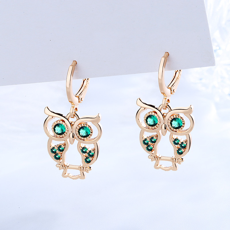 green owl dangle huggie earring