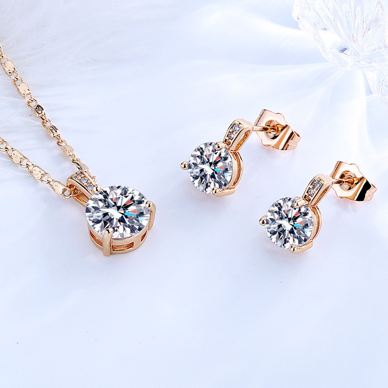 White Round Stone Pendant Necklace and Stud Earring Sets