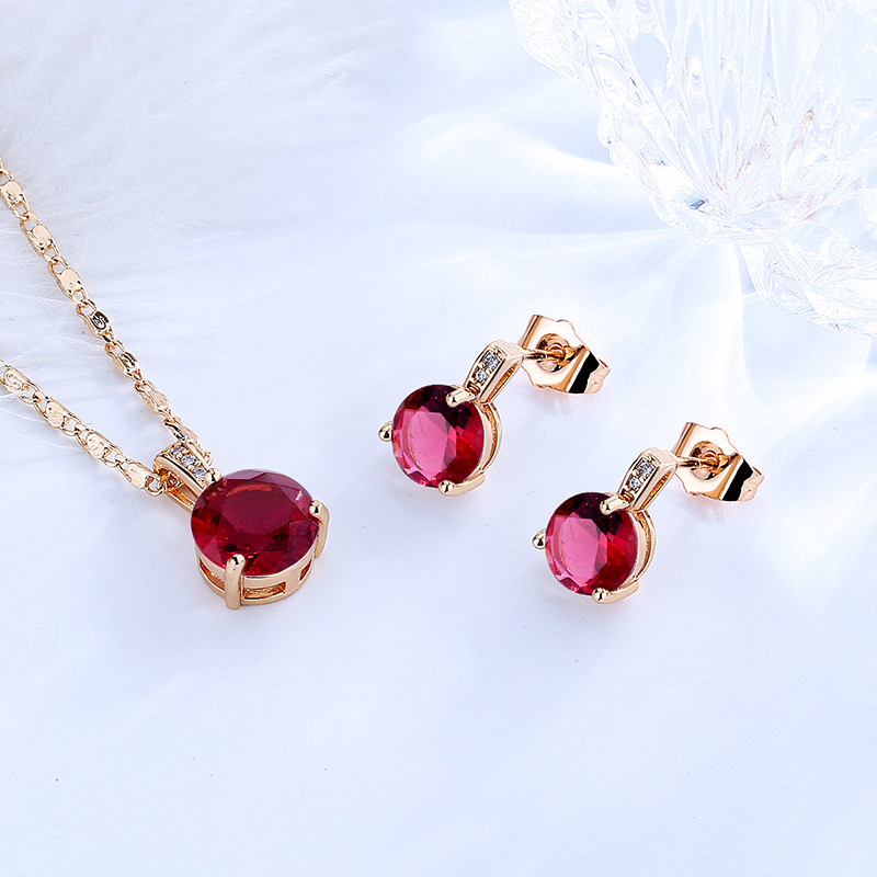 Red Round Stone Pendant Necklace and Stud Earring Sets