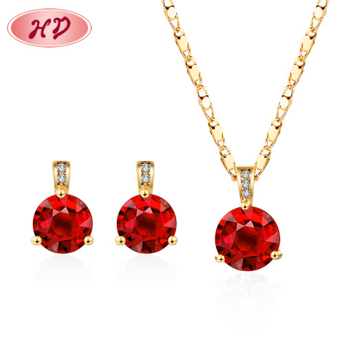 Venta al por mayor Lujo 18K Chapado en Oro Aaa Zirconia | Rojo de piedras preciosas de alta definición | Conjuntos de collar y aretes de joyería para mujer para regalo