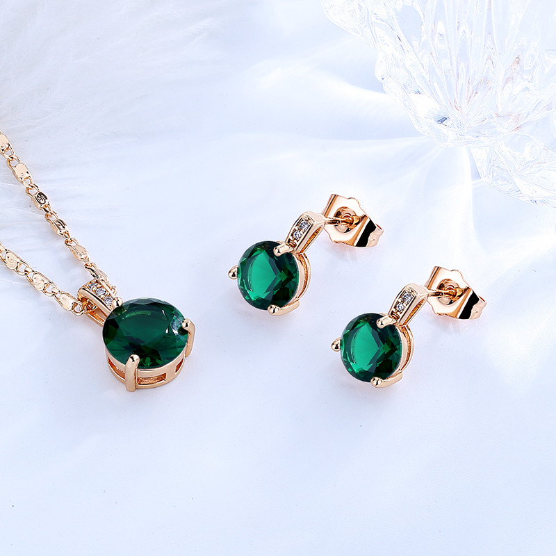 Green Round Stone Pendant Necklace and Stud Earring Sets