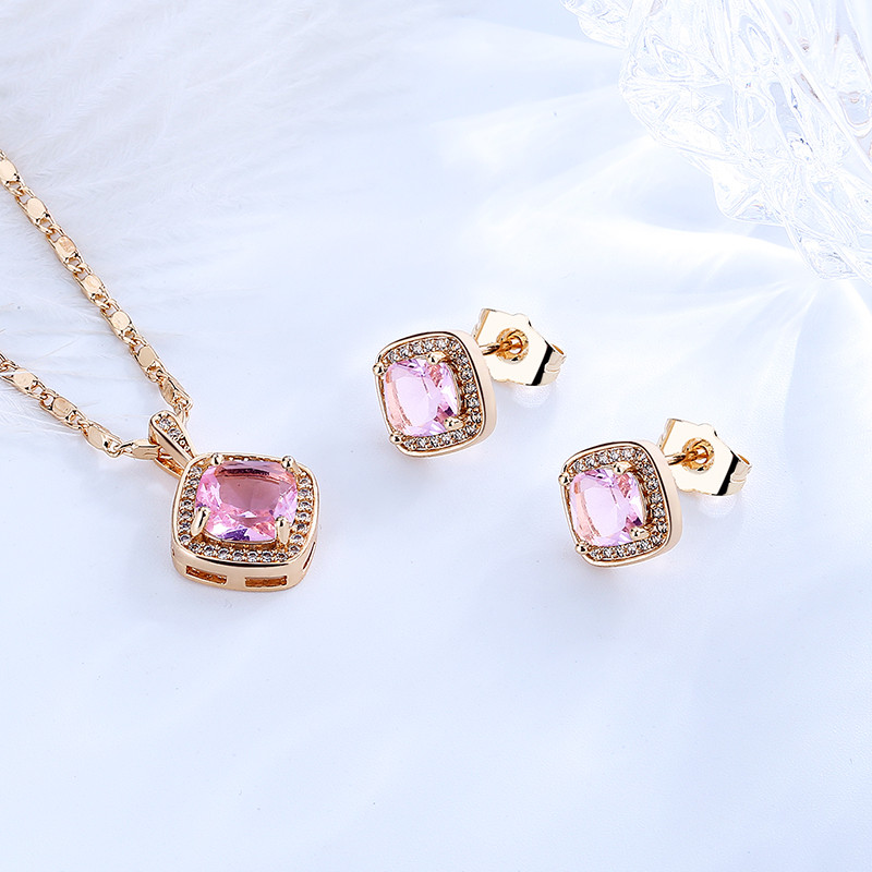 Pink Square Stone 18k gold plated brass Jewlry Sets