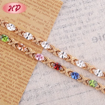 Cubic Zirconia Bracelet Factory Shop| Link White Mix Color Stone| Fashion Cubic Zircon Ladies Braceletes 18k Gold Plated