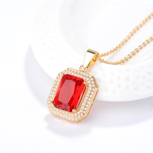 Custom Trendy Classic Design| Grace Fancy Luxurious Red Square Stone Cubic Zirconia Pendant Necklace| 18k Yellow White Gold Plating Rhodium Jewelry Party Ball Accessories