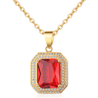 Custom Trendy Classic Design| Grace Fancy Luxurious Red Square Stone Cubic Zirconia Pendant Necklace| 18k Yellow White Gold Plating Rhodium Jewelry Party Ball Accessories