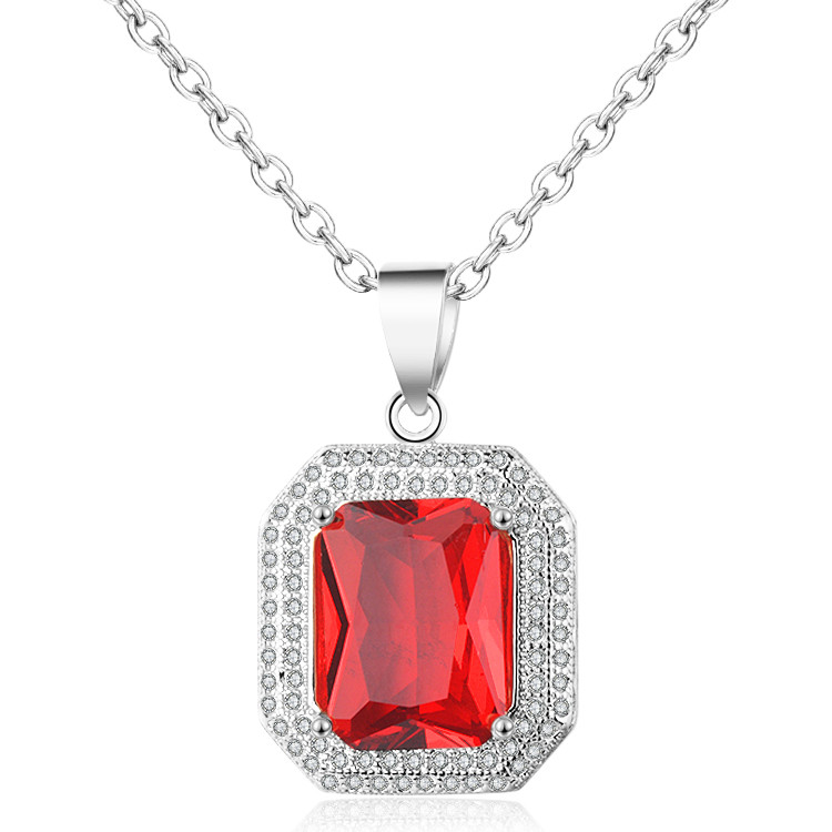 Red Stone Rhodium Plated Pendant Necklace