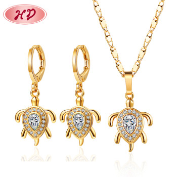 Fashion Jewelry Wholesale| Dainty Fine CZ Turtle Pendant Necklace and Matching Drop Earring Sets| Cubic Zirconia 18k Gold Plated Over Brass