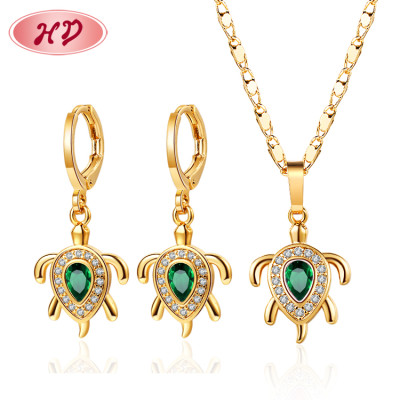 Fashion Jewelry Wholesale| Dainty Fine CZ Turtle Pendant Necklace and Matching Drop Earring Sets| Cubic Zirconia 18k Gold Plated Over Brass