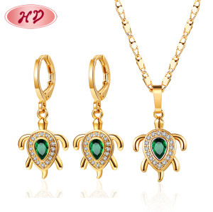 Fashion Jewelry Wholesale| Dainty Fine CZ Turtle Pendant Necklace and Matching Drop Earring Sets| Cubic Zirconia 18k Gold Plated Over Brass