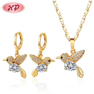 American Diamond Jewelry Sets Wholesale| Dainty Cubic Zirconia Hummingbird Bird Necklace and Matching Earrings Supply| 18k gold plated jewellery for girls women