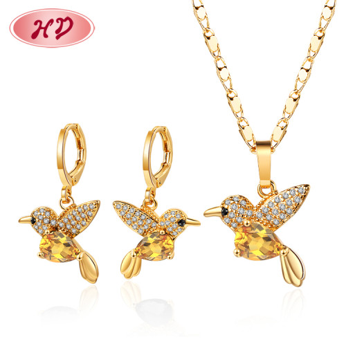 American Diamond Jewelry Sets Wholesale| Dainty Cubic Zirconia Hummingbird Bird Necklace and Matching Earrings Supply| 18k gold plated jewellery for girls women