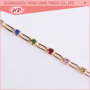 China Jewelry Wholesale| Simple Design Multicolor White Cubic Zirconia Chain Link| 18 karat Yellow Gold Plated CZ Bracelet for Women