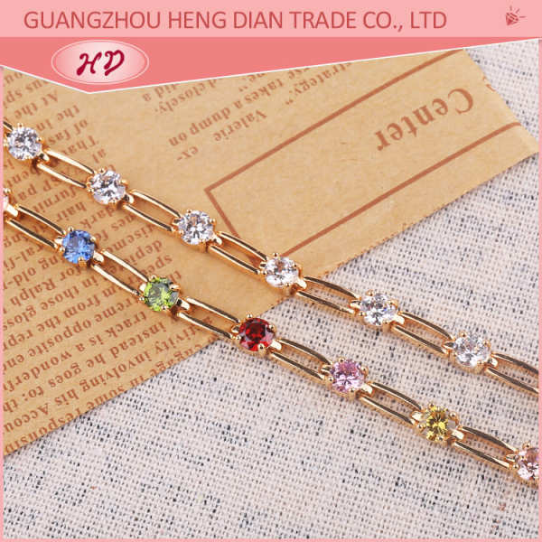 China Jewelry Wholesale| Simple Design Multicolor White Cubic Zirconia Chain Link| 18 karat Yellow Gold Plated CZ Bracelet for Women