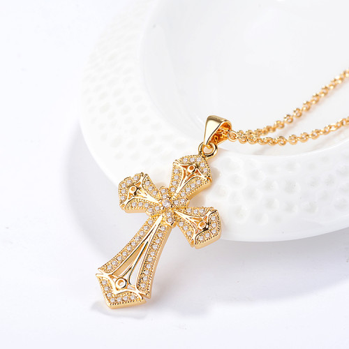 Trendy Gold Plated Necklace Wholesale| Western Catholic Prayer Cross Pendant Necklace Thick Chunky| Women Unisex Religion Jewelry in 18k yellow and white gold
