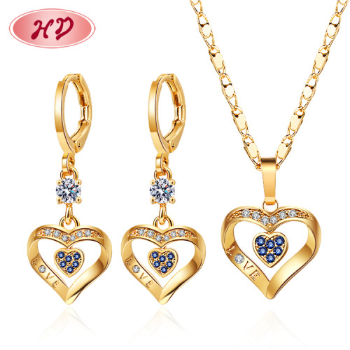 Wholesale Jewelry China| Batch Heart Necklace Sets Matching Drop Earrings| Cubic Zirconia 18k Gold Plated Accessories