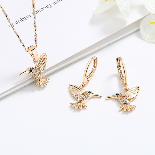 Wholesale Jewelry Supply Distributors| Birds Hummingbird Earrings and Necklace Sets| Bespoke 18k Gold Plated Cubic Zirconia Brass Ear Rings