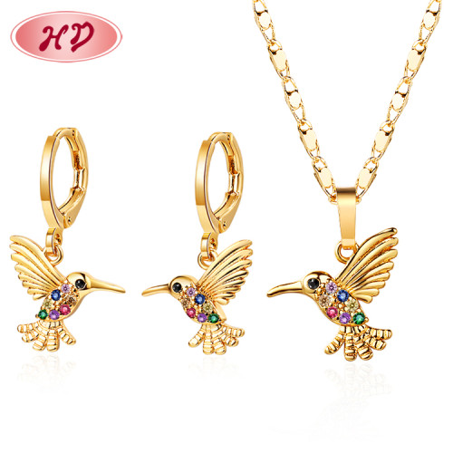 Wholesale Jewelry Supply Distributors| Birds Hummingbird Earrings and Necklace Sets| Bespoke 18k Gold Plated Cubic Zirconia Brass Ear Rings