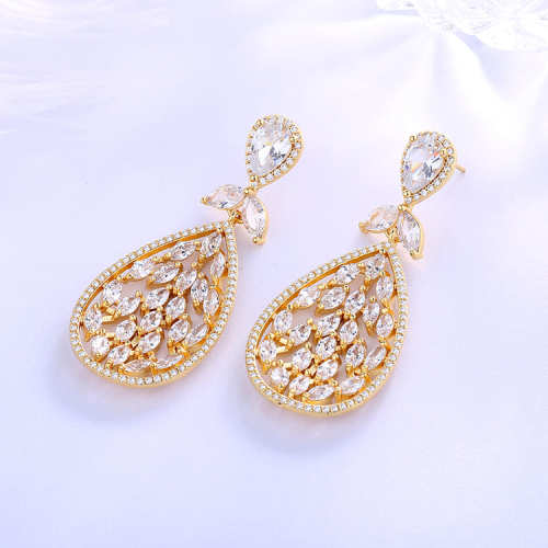 China Jewelry Manufacturing Wholesale| Large Waterdrop Fancy India Dangling Stud Earring Fashion Wedding Bridal Costume Jewelry| 18k Gold Plated AAA Cubic Zirconia