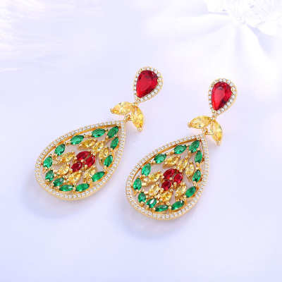 China Jewelry Manufacturing Wholesale| Large Waterdrop Fancy India Dangling Stud Earring Fashion Wedding Bridal Costume Jewelry| 18k Gold Plated AAA Cubic Zirconia