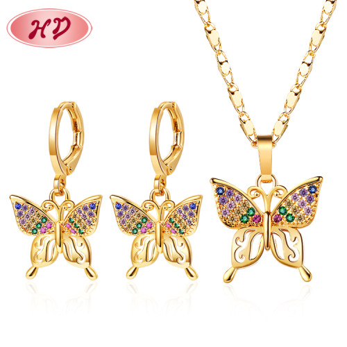 ODM OEM Good Selling Products | Cute Women Artificial Jewellery Butterfly Earrings and Necklace Sets| AAA Cubic Zirconia Stone 18k Gold Plated Joyeria Jewelry Distributor