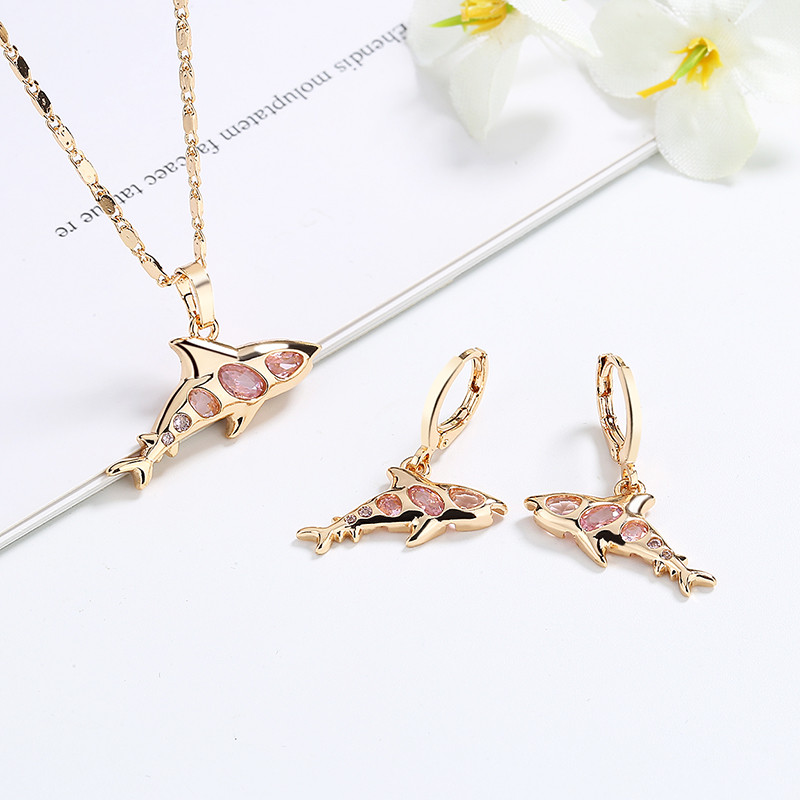 Cute Women Dolphin Earrings and  Necklace Sets pink 1