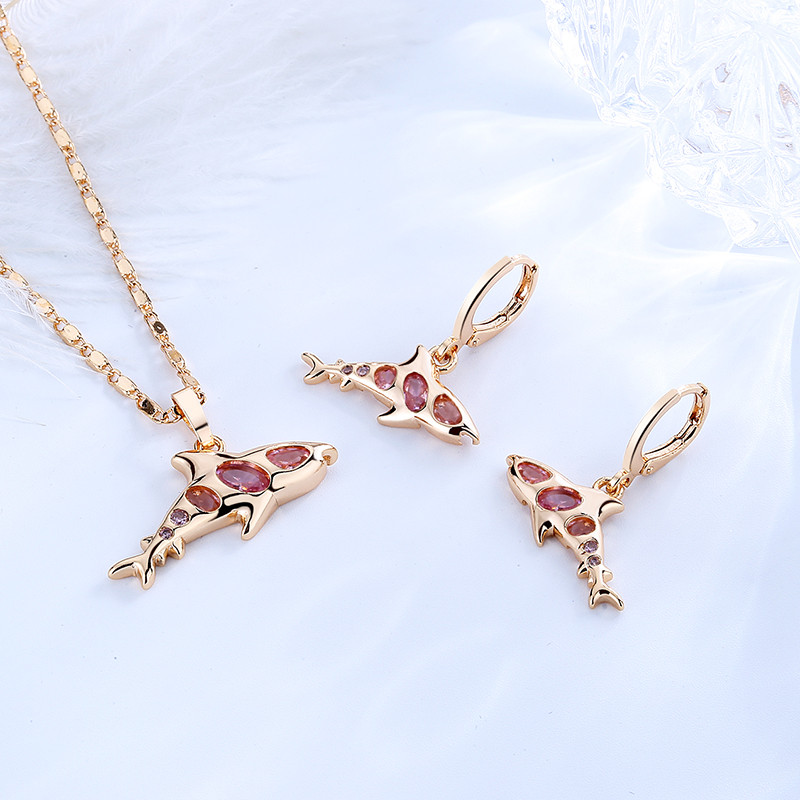 Cute Women Dolphin Earrings and  Necklace Sets pink 2