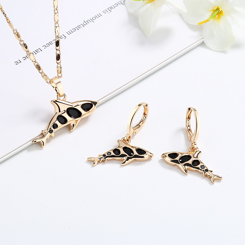 Cute Women Dolphin Earrings and  Necklace Sets black