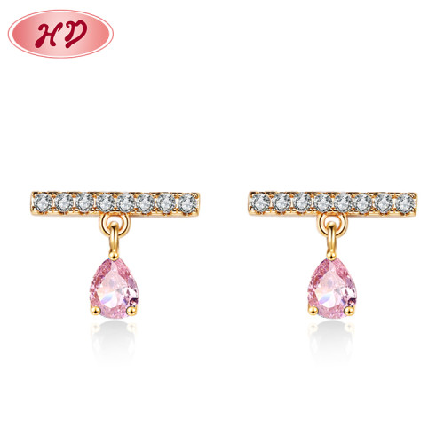 Fashion Stud Earring Exporter| Simple Minimalist Dangling Cubic Zirconia 18k Gold Plated Ear Studs| Classic Women Piercing Jewelry