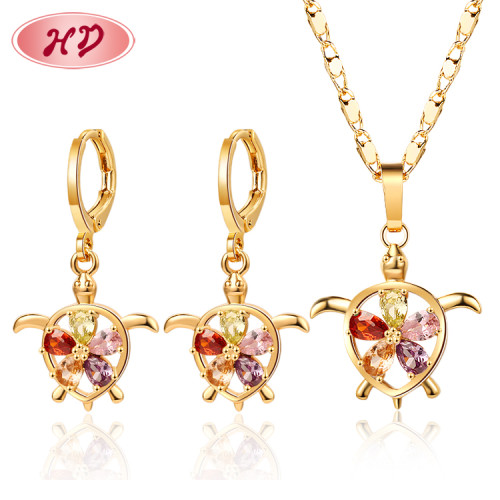 China Jewelry Making Factory| Fashion Turtle Jewelry Sets Lovely Zircon Flower Drop Earring and Necklace| 18k Gold Plated Cubic Zirconia Joyeria