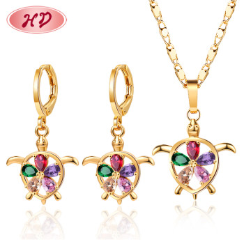 China Jewelry Making Factory| Fashion Turtle Jewelry Sets Lovely Zircon Flower Drop Earring and Necklace| 18k Gold Plated Cubic Zirconia Joyeria