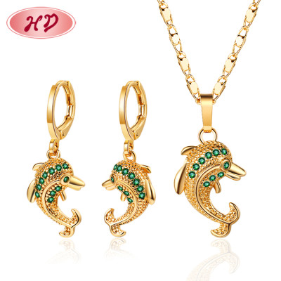 Wholesale Custom Made Women Jewelry| Cute Little Dolphin Fashion Earring and Necklace Sets from China Jewellery Factory| 18k Gold Plated Brass Cubic Zirconia