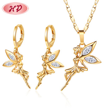 Wholesale Copper Jewellery Necklace and Earring Set Online| Tinkle Bell Angle Princess Jewelry for Teenager| Cubic Zirconia 18k Gold Plated Brass