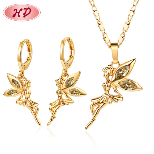 Wholesale Copper Jewellery Necklace and Earring Set Online| Tinkle Bell Angle Princess Jewelry for Teenager| Cubic Zirconia 18k Gold Plated Brass