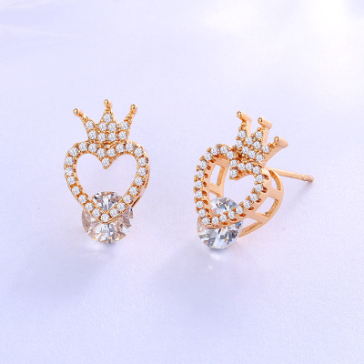 Jewelry Factory Distributor |Evil Red Queen Crown Heart Shape Ear Studs Women Earrings| 18 Karat Gold Plated Cubic Zirconia Jewelry
