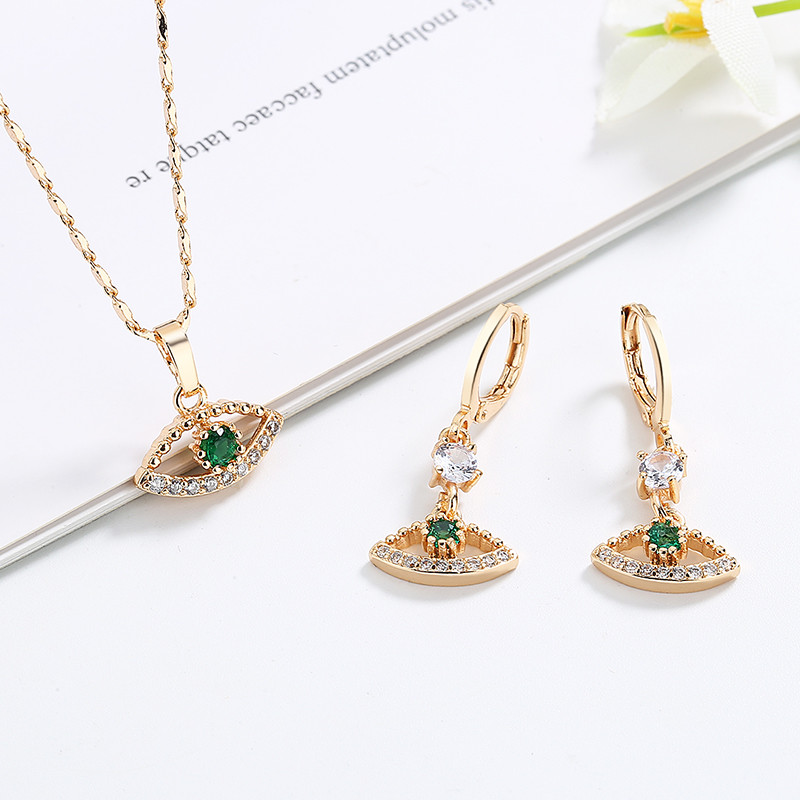3 Pieces Evil Eye Necklace and Earring Set green 1