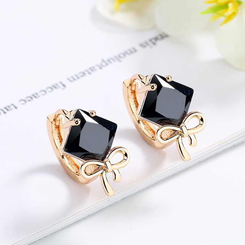 Bow Knock Black Zirconia Huggie Hoops Earring