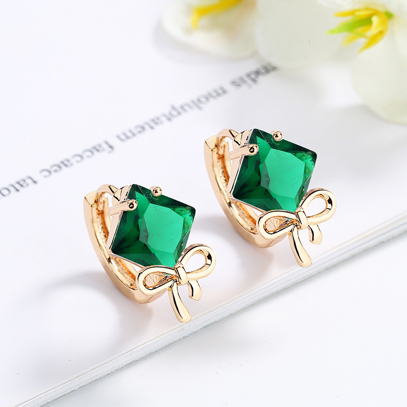 Bow Knock Green Zirconia Huggie Hoops Earring