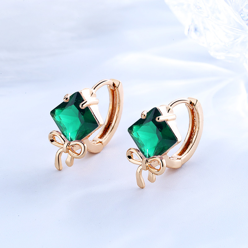 Bow Knock Green Zirconia Huggie Hoops Earring 2